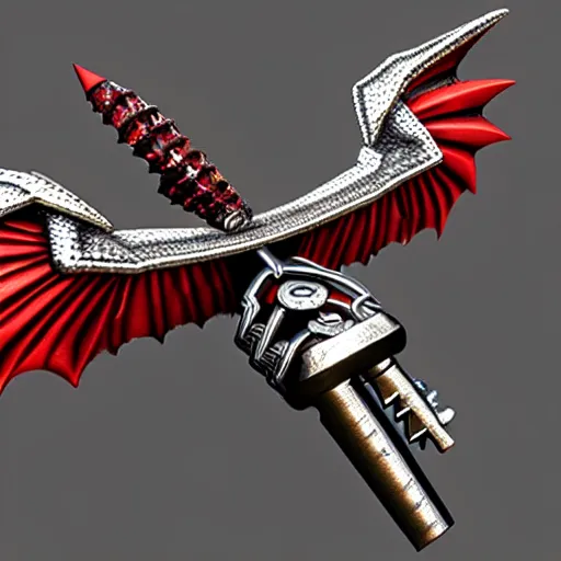 Image similar to a 3d game object of the metal key for the cage, very realistic, with dragon wings and large red diamond in it, it is very detailed, on the white background, rpg game inventory item