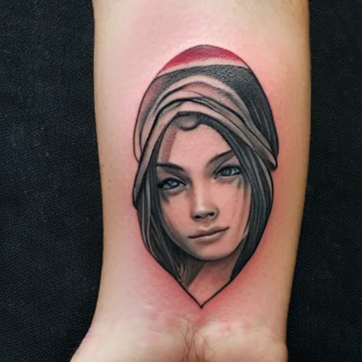 Image similar to tattoo realism design of a beautiful girl next to a mountain scenery, hyper realistic