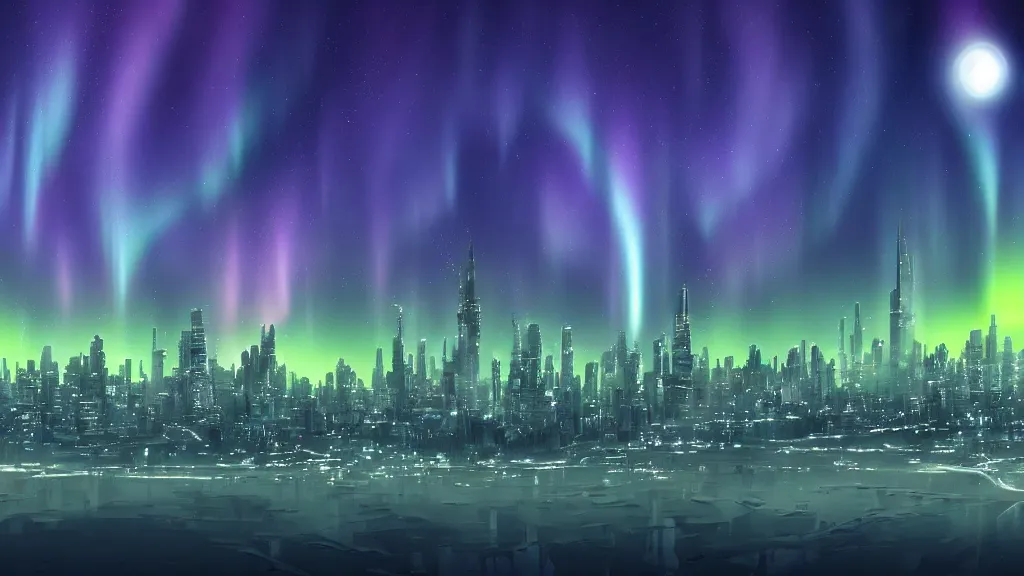 Image similar to futuristic city, aurora borealis, mountains in the distance, multiple moons, ignis fatuus