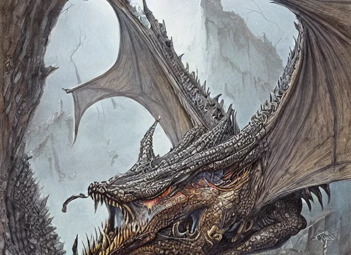 Prompt: intricate fantasy painting of a dragon by dariusz zawadski and alan lee and gris grimly, cinematic, epic