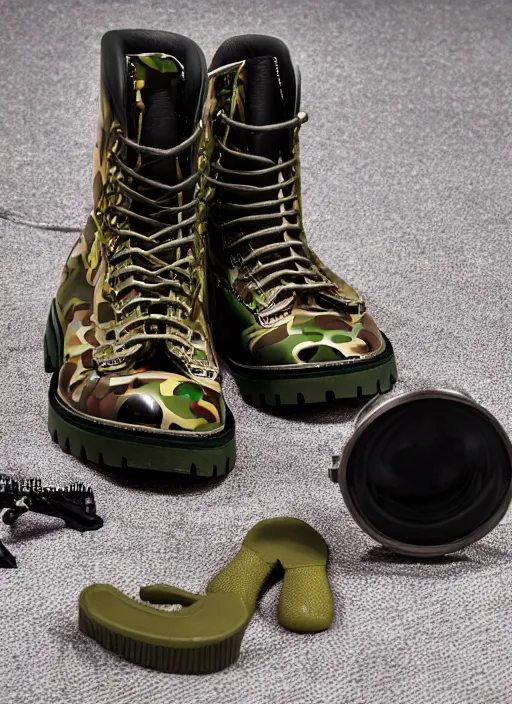 Image similar to hyperrealistic and heavy detailed product photo bape avant garde boots of movie the fifth element, in front of white back drop, whole shoe is in picture, leica sl 2 5 0 mm, vivid color, high quality, high textured, real life