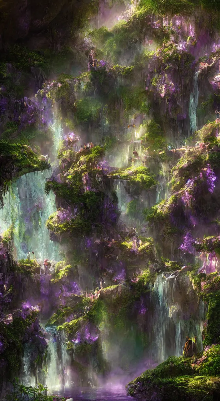 Image similar to a mystical fairy city in the amethysts wall of a dreamy waterfall cave with and lilac sunrays, trending on artstation, concept art, matte painting, 8 k