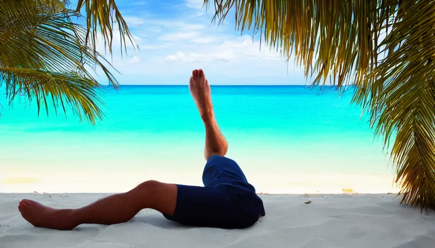 Prompt: first person view from a man lounging on a beautiful tropical beach with a stunning turquoise ocean in the background. his legs stretch out in front of the camera, photorealistic