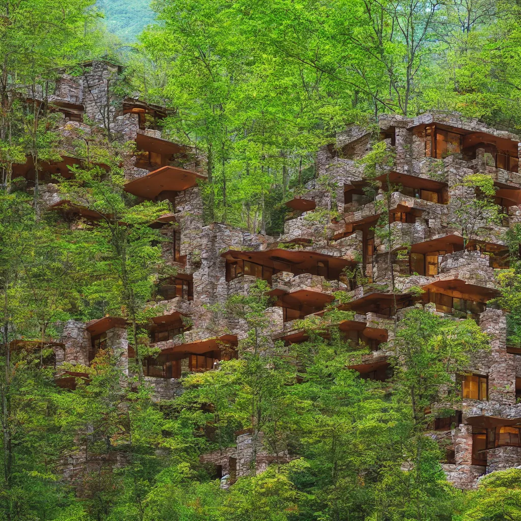 Image similar to green spring mountain athmosphere with beautiful forest permeated by a magical river showing a multistory house in the architect style of frank loyd wright made out of natural stone bricks from the distance with mythical european mountains in the background, artstudio, colorful in the art style of kerry milligan