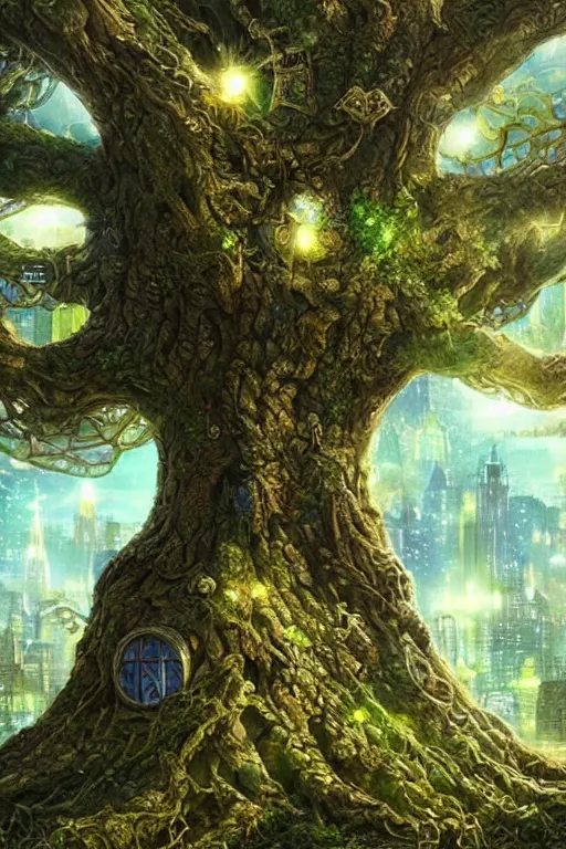 Image similar to tree of life, volymetric light, tiny miniature city around base of tree, sprawling out around it, dappled shadows and sparkly buildings, highly detailed matte painting by ( ohrai ), charlie bowater and mark brooks