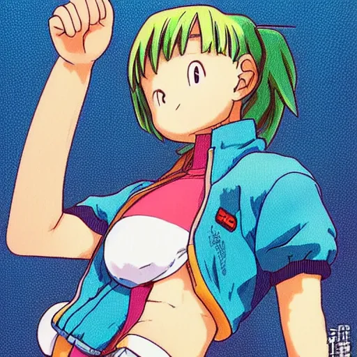 Image similar to a beautiful! boyish! natalie portman bulma from dragonball, alluring gravure! model, wearing hip hop mayan bomber jacket and leotard with native style overalls, bulky poofy bomber jacket with mayan patterns, guilty gear art style, trending on pixiv, painted by makoto shinkai takashi takeuchi studio ghibli, akihiko yoshida