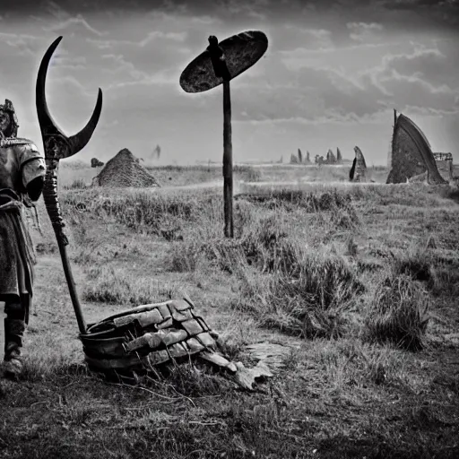 Image similar to viking in war armor working on the flying ancient device, tools and junk on the ground, old village in the distance, vintage old photo, black and white, sepia