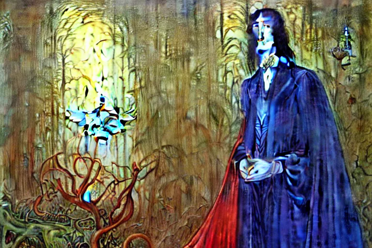 Image similar to realistic extremely detailed portrait painting of an elegantly creepy vampire man in a cape, futuristic sci-fi castle and forest on background by Jean Delville, Amano, Yves Tanguy, Alphonse Mucha, Ernst Haeckel, Edward Robert Hughes, Roger Dean, rich moody colours, blue eyes