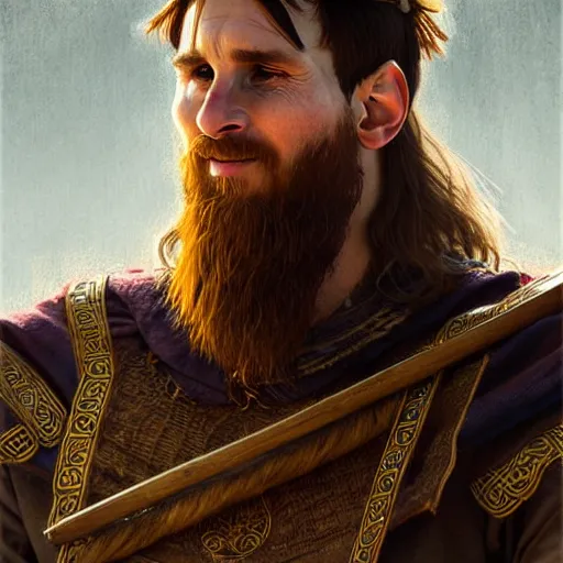 Prompt: Messi as a viking, closeup, D&D, fantasy, intricate, elegant, highly detailed, digital painting, artstation, concept art, matte, sharp focus, illustration, art by Artgerm and Greg Rutkowski and Alphonse Mucha