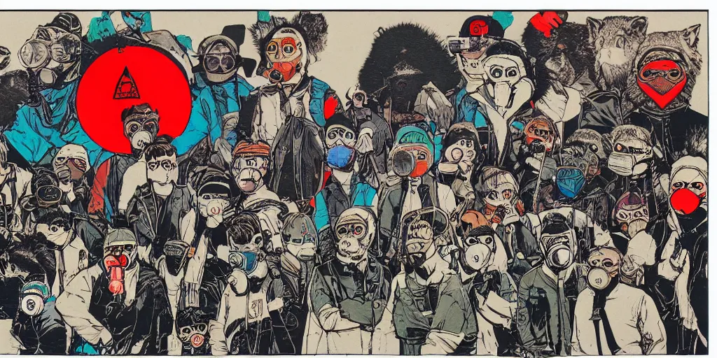 Prompt: detailed conceptual art rgba color risograph of wolfs gang photo group, theyre using wolf gas mask, other using grey bandana but no mask, by moebius and dirk dzimirsky and satisho kon, close - up wide portrait