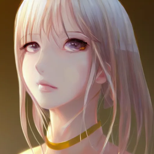Image similar to portrait of an anime girl in white and golden clothes , digital painting , artstation , gorgeous , cute , beautiful , elegant , devian art , 4k , HD