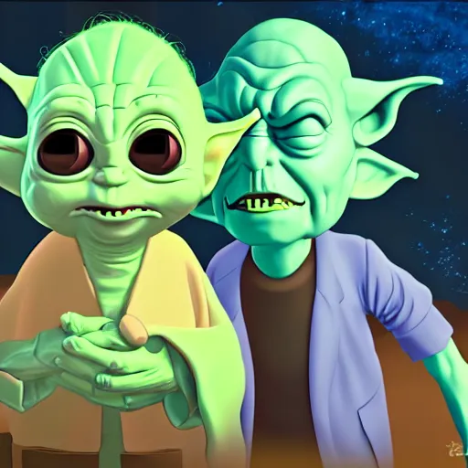 Image similar to Baby Yoda and Rick Sanchez meet in Rick and morty together digital art 4k detailed super realistic