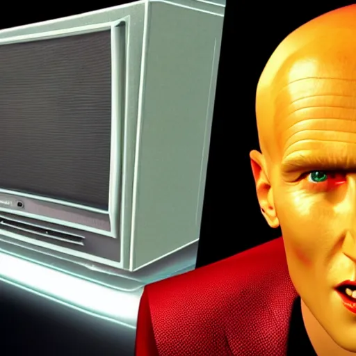 Image similar to a hyperrealistic 3 d render of max headroom 2 0 2 2 on a vintage tv, octane render, unreal engine, 8 k, trending on cgsociety, volumetric lighting, dramatic lighting, lasers, neon