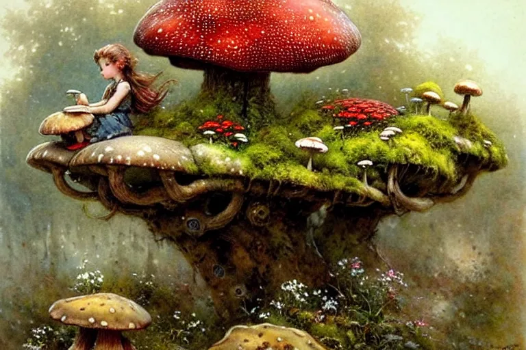 Prompt: adventurer ( ( ( ( ( 1 9 5 0 s retro future forrest of giant mushrooms, moss and flowers stone bridge. muted colors. ) ) ) ) ) by jean baptiste monge!!!!!!!!!!!!!!!!!!!!!!!!! chrome red