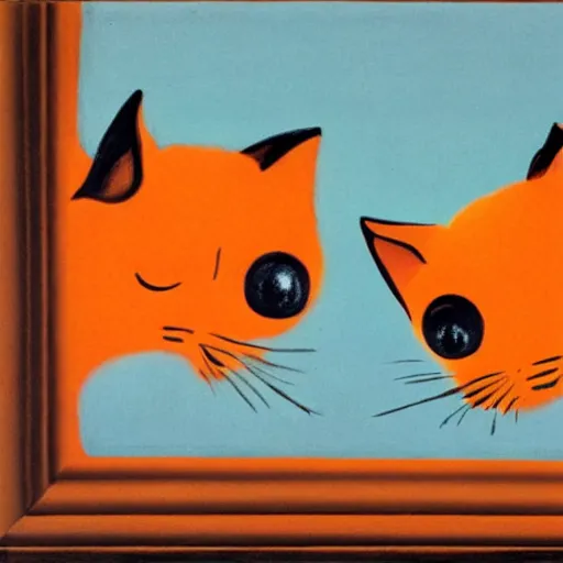 Image similar to a painting of an orange cat looking profoundly into the eyes of the beholder, a gouache by rene magritte, flickr, vorticism, soviet propaganda, 1 9 7 0 s
