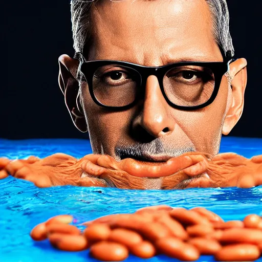 Image similar to jeff goldblum emerging from a pool of baked beans ( sony a 7 r iv, symmetric balance, polarizing filter, photolab, lightroom, 4 k, dolby vision, photography awardm, voque, perfect face )