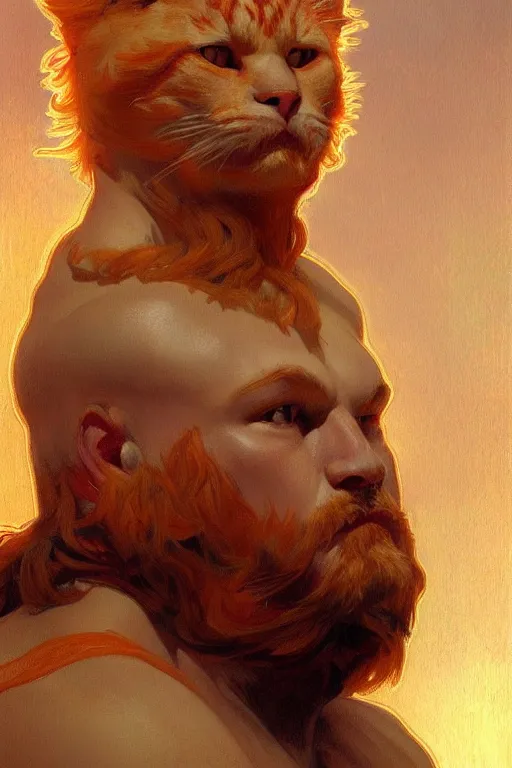 Image similar to painted portrait of rugged fat orange cat, god of thunder, greek god, masculine, powerful, handsome, upper body, white robe, muscular, fantasy, intricate, elegant, highly detailed, digital painting, artstation, concept art, smooth, sharp focus, illustration, art by gaston bussiere and alphonse mucha