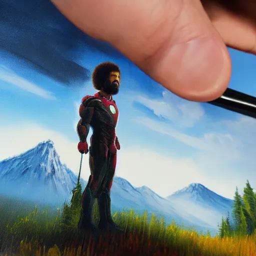 Prompt: a closeup photorealistic photograph of bob ross working on a canvas painting of iron man at a distance. mountain scape. film still, vibrant colors. this 4 k hd image is trending on artstation, featured on behance, well - rendered, extra crisp, features intricate detail, epic composition and the style of unreal engine.