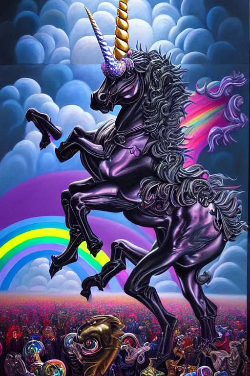 Image similar to a hyperrealistic painting of an epic boss fight against a rainbow shaded unicorn vs an ornate supreme dark overlord, cinematic horror by chris cunningham, lisa frank, richard corben, highly detailed, vivid color,