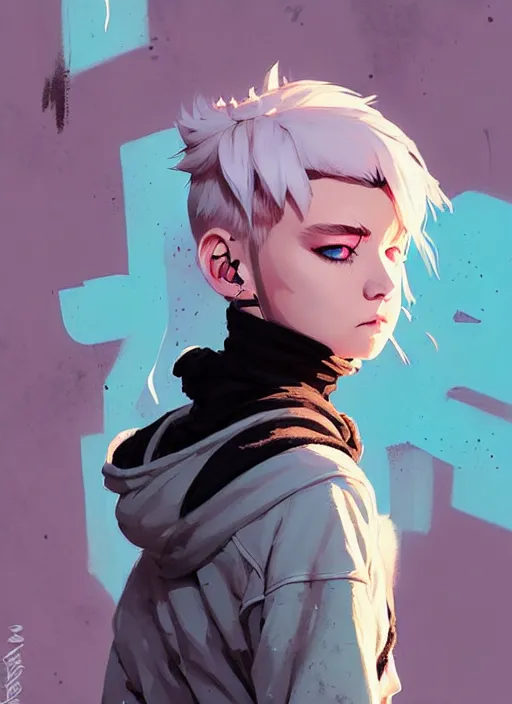 Image similar to highly detailed portrait of a urban punk lady student, blue eyes, hoodie, white hair by atey ghailan, by greg rutkowski, by greg tocchini, by james gilleard, by joe fenton, by kaethe butcher, gradient cyan, black, brown and pink color scheme, grunge aesthetic!!! ( ( graffiti tag wall background ) )