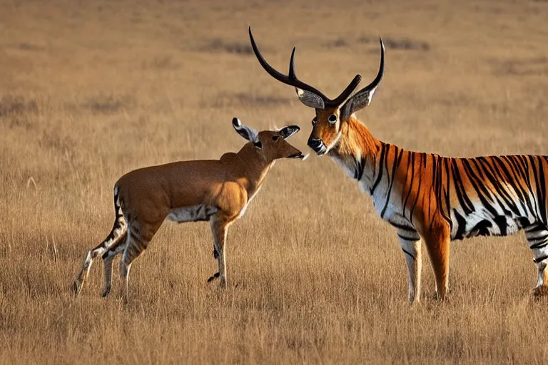 Image similar to antelope, hunting, a tiger, golden hour, 6 0 0 mm, wildlife photo, national geographics