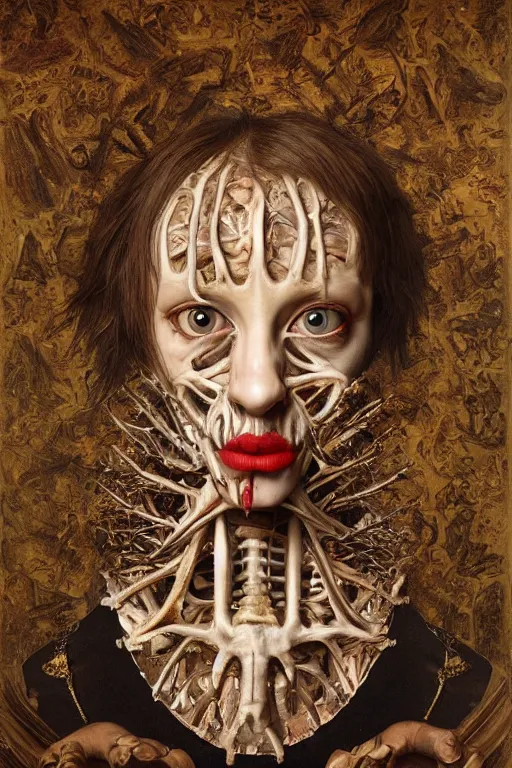 Image similar to Detailed maximalist portrait with large lips and with large wide eyes, surreal extra flesh, teeth and bones, HD mixed media, 3D collage, highly detailed and intricate, illustration in the golden ratio, in the style of Caravaggio, dark art, baroque