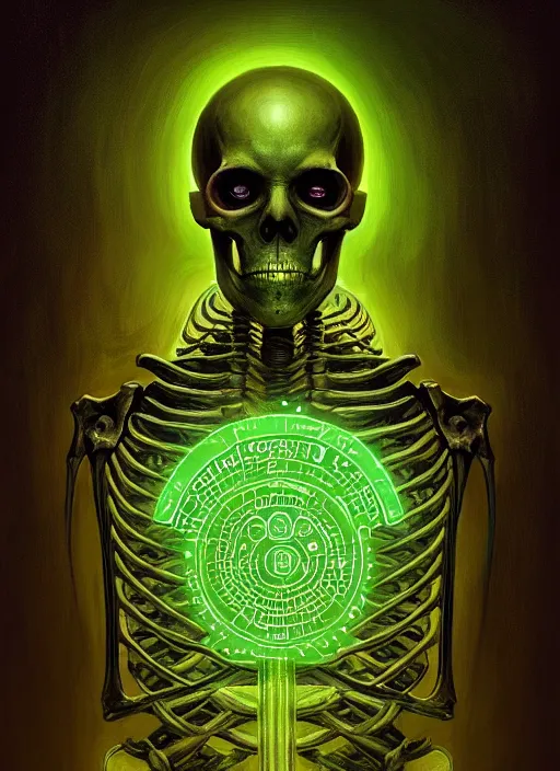 Prompt: portrait of a cyber skeleton, writing ancient runes with glowing green ink in a grand tome, intricate, elegant, glowing lights, highly detailed, digital painting, artstation, concept art, smooth, sharp focus, illustration, art by wlop, mars ravelo and greg rutkowski