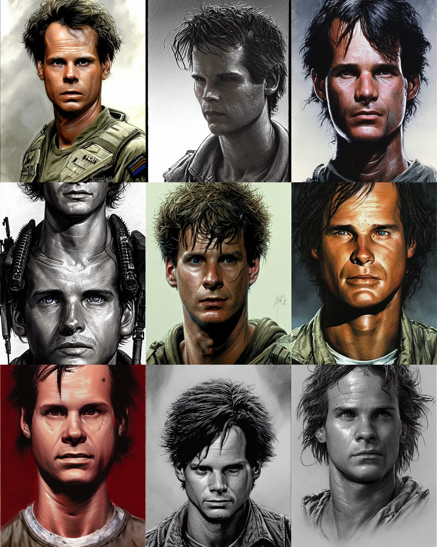 Prompt: private first class william l. hudson ( bill paxton 2 5 years old ) in the film aliens 1 9 8 6, concept art,, short spikey haircut, round face, highly detailed by greg rutkowski, michael whelan and gustave dore