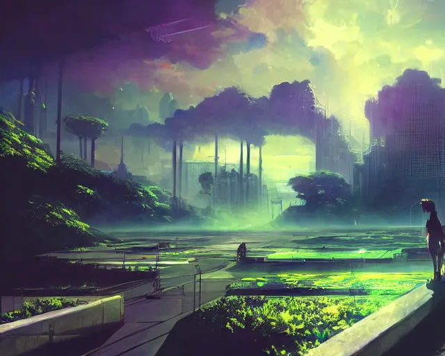 Image similar to scenery artwork, scene beautiful, light!! light essential futuristic city world and nature vegetation with daylight, surrealism oil on canvas, artstation!! pixiv!! dream scenery, quality astral projection render, nier automata concept art, vaporwave textures