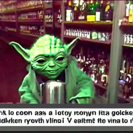 Image similar to cctv footage of yoda robbing a liquor store,