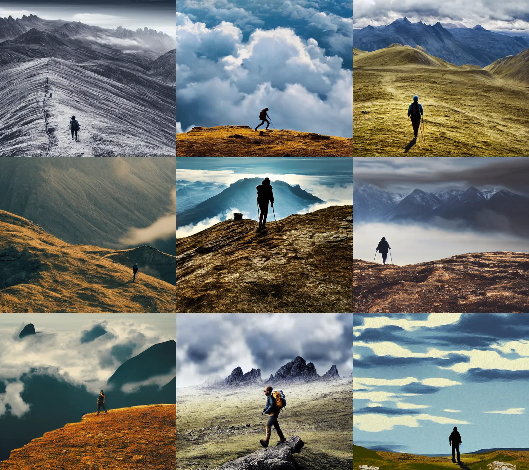 Prompt: nothern landscape painting solo hiker walking on a high mountain plain game smooth median photoshop filter cutout vector, behance hd, global illumination adove low clouds sky image overcast