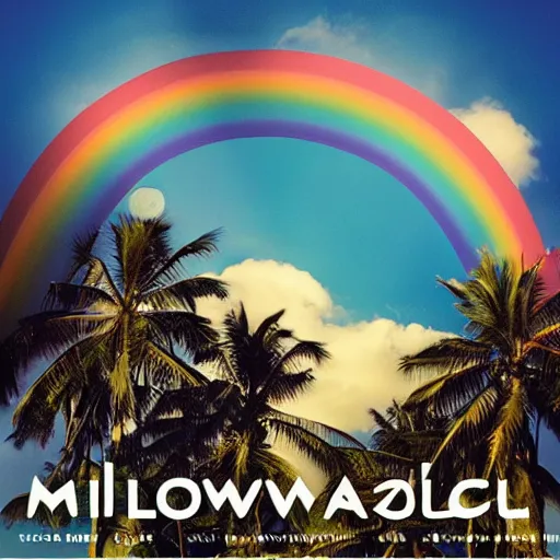 Image similar to miracle musical Hawaii part ii album cover, showing an ocean in the background, spiral transparent stairs on the left with tall palm trees behind it, a slight rainbow in the background, white outline border, moon in the right top area black and white except for the rainbow album cover