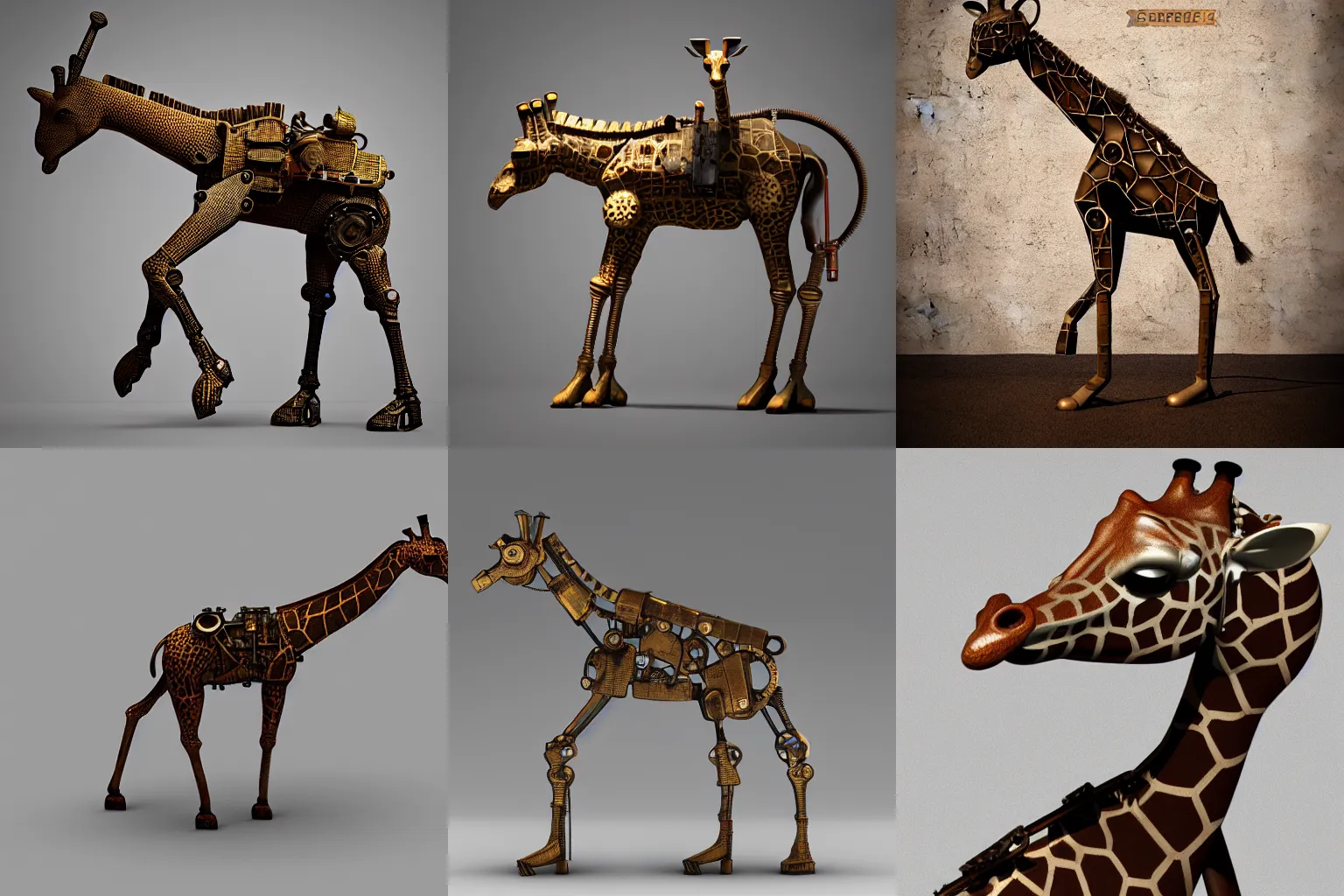 Prompt: a giraffe made of scrap metal, steampunk, 3d render, photorealistic, studio lighting, full body shot, 35mm