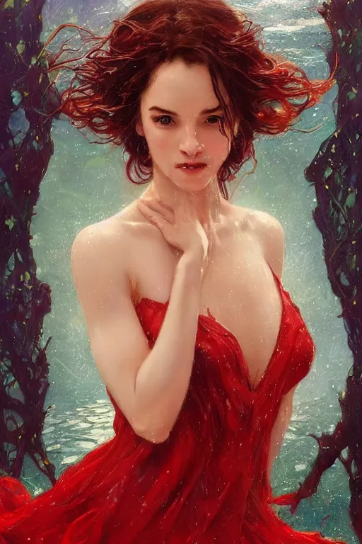 Prompt: portrait of a beautiful woman wearing a red dress, drenched body, wet dripping hair, emerging from the water, fantasy, regal, fractal crystal, fractal gems, by stanley artgerm lau, greg rutkowski, thomas kindkade, alphonse mucha, loish, norman rockwell ross tran