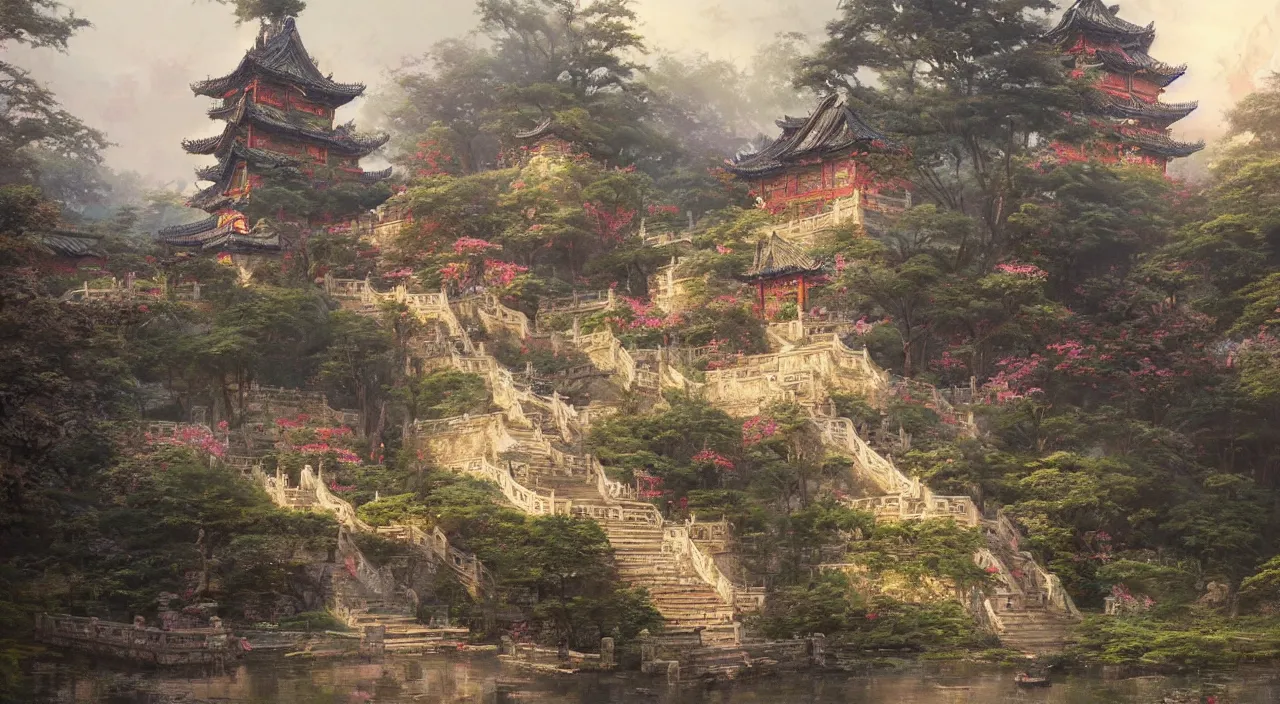 Prompt: a beautiful painting of a singular ancient Chinese castle, with a garden, by greg rutkowski and thomas kinkade