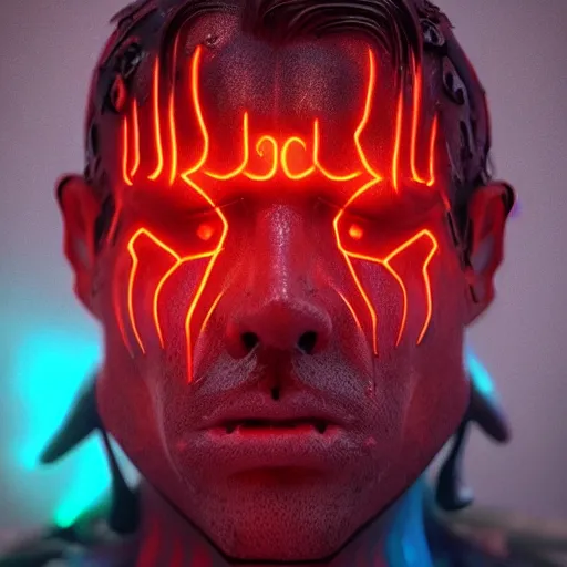 Image similar to demon, cartoon portrait made out of rain, realistic, highly detailed, neon, rendered in octane, unreal engine, beautiful, trending on artstation,