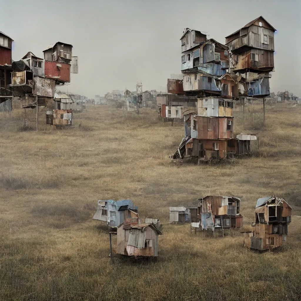 Image similar to towers made up of stacked makeshift squatter shacks with faded colours suspended over a quagmire, plain uniform sky at the back, misty, mamiya, ultra sharp, very detailed, photographed by julie blackmon, cristina de middel and john chiara