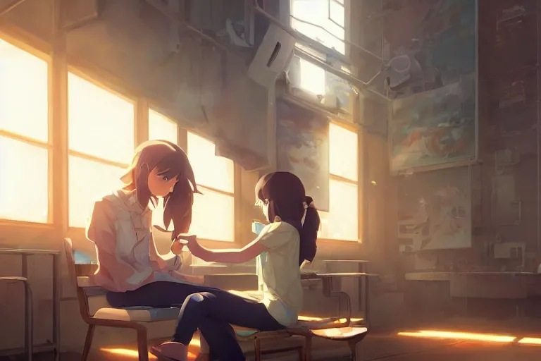 Image similar to girl helping a robot learn to read, scenic full shot, ambient lighting, detailed face, by makoto shinkai, stanley artgerm lau, wlop, rossdraws