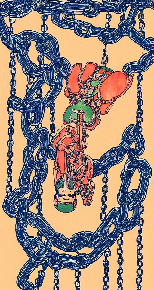 Prompt: a robot hanging by his feet in chains upside down peacefully, beautiful coloured Japanese ink painting inspired by the hanged man tarot card, soft lines