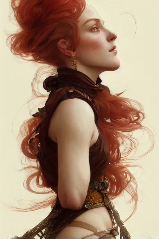 Prompt: A full portrait of Nordic female, brown red long hair, intricate, elegant, highly detailed, digital painting, artstation, concept art, smooth, sharp focus, illustration, art by Krenz Cushart and Artem Demura and alphonse mucha