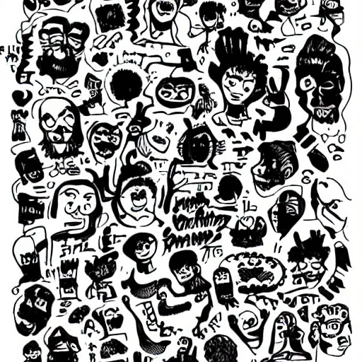 Prompt: black and white composition of a variety of doodles, drawings, faces, symbols, cartoons, lineart, cave drawing, silhouette, tattoo, chinese ink brush