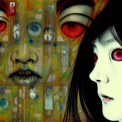 Image similar to yoshitaka amano blurred and dreamy realistic three quarter angle horror portrait of a sinister young woman with short hair, big earrings and white eyes wearing office suit with tie, junji ito abstract patterns in the background, satoshi kon anime, noisy film grain effect, highly detailed, renaissance oil painting, weird portrait angle, blurred lost edges