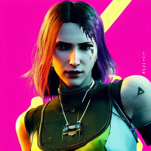 Image similar to female V from Cyberpunk 2077 wearing spiked steel choker, steel collar, steel choker, punk, steel collar, 4K, realistic, spiked collar, portrait, art, beautiful,