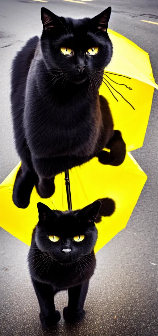 Prompt: a big black cat in a yellow raincoat on a badly lit street