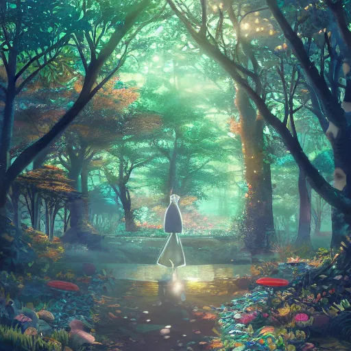 Image similar to the aesthetic view of the beautiful, grand, wistful, dreamy hidden forest at dusk, hyperrealistic anime illustration by iralki nadar, colorful, extremely detailed, intricate linework, super sharp focus, bright colors, octopath traveler, studio ghibli, unreal engine 5 highly rendered, global illumination, radiant light, detailed and intricate environment