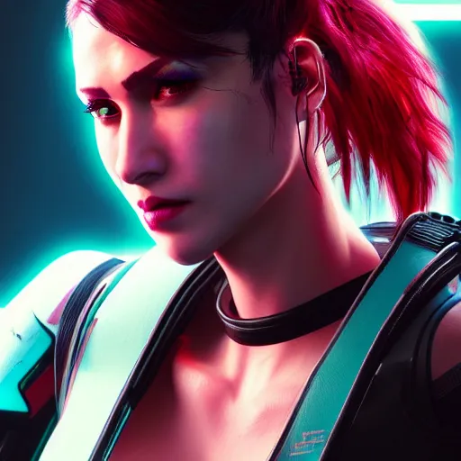 Image similar to headshot of female V from cyberpunk 2077 wearing thick steel choker around neck, 4K, detailed face, collar on neck, realistic, artstation, neon,