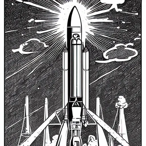 Prompt: an illustration of a rocket on its launchpad, by laurie greasley and james stokoe