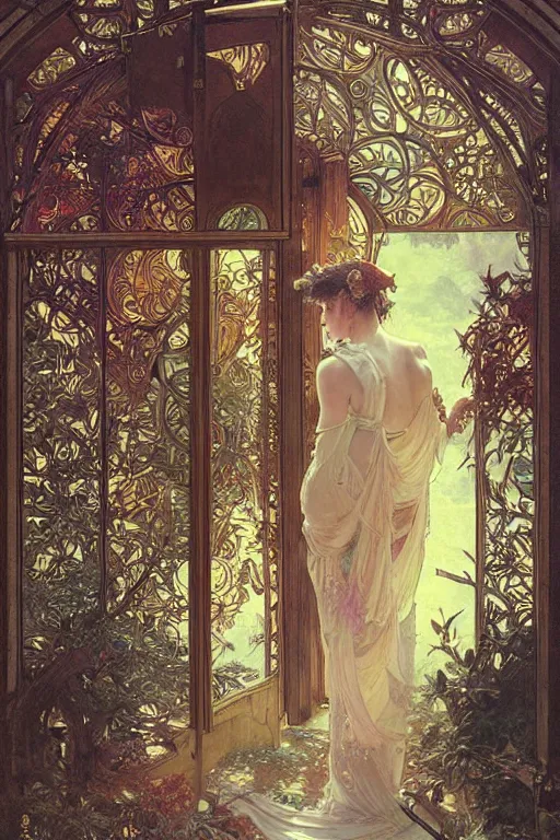 Image similar to large rustic intricately decorated wooden double door, metal handles, a view to a fantasy world, ethereal back light, mist, coherent composition, fantasy painting by noriyoshi ohrai, yuumei, alphonse mucha