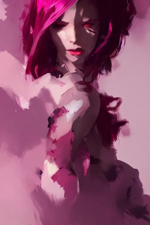 Image similar to A beautiful woman with professional makeup, with shoulder length mid-length magenta hair, dramatic lighting, dramatic atmosphere, subtle and detailed, by Dustin Nguyen, Akihiko Yoshida, Greg Tocchini, Greg Rutkowski, Cliff Chiang, 4k resolution, heavy contrast, trending on artstation