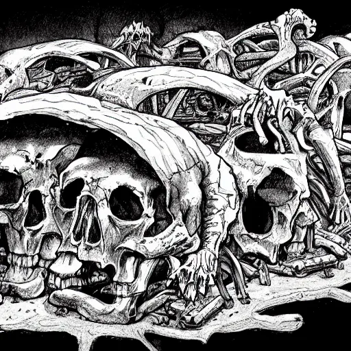 Prompt: precisely drawn illustration of a catacomb lined with bones, wide angle, no artefacts, sharp, fine details, french comic style, vibrant realistic colors, full color, heroic fantasy, clear detailed view, intense line art, 8 k, precise linework, realistic, in the style of heavy metal comics and richard corben and moebius